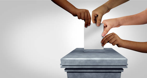 Voting Diversity Concept Voting diversity concept and diverse hands casting a ballot at a polling station right to vote idea in a democracy as multicultural hands holding a blank decision document with 3D illustration elements. polling place photos stock pictures, royalty-free photos & images