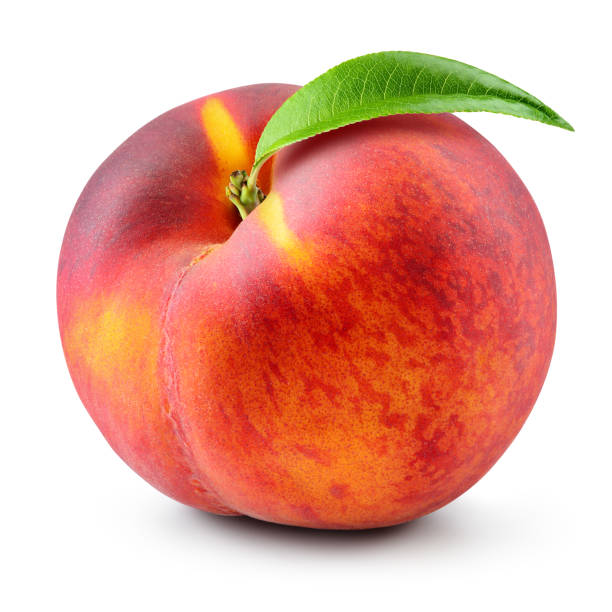 istock Peach isolate. Peach with leaf on white. Full depth of field. With clipping path. 1200767888
