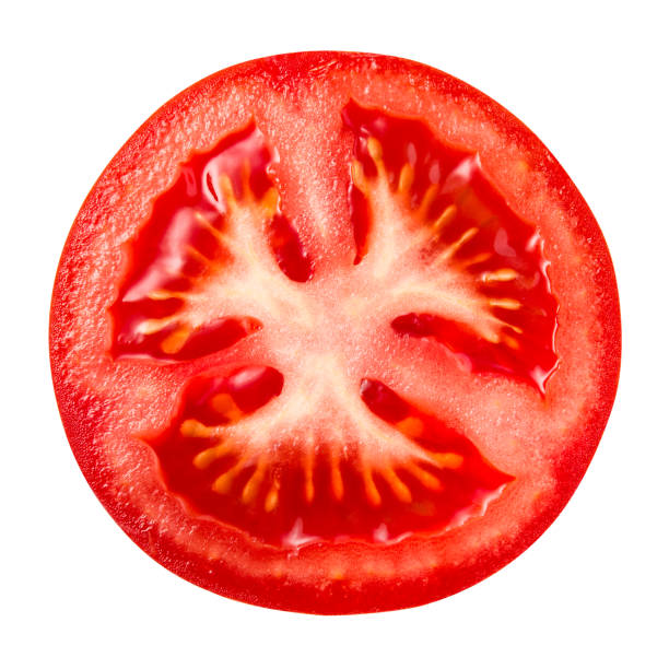 istock Tomato slice isolate. Tomato on white background. Tomato round slice. With clipping path. 1200767995