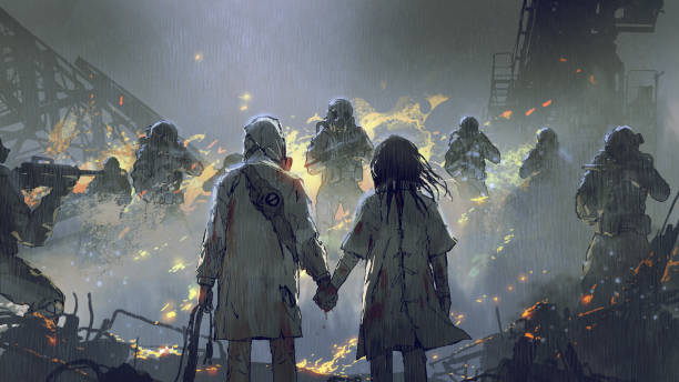 escape from a hell hospital lovers holding hands looking at soldiers in the rainy night, digital art style, illustration painting two men hunting stock illustrations