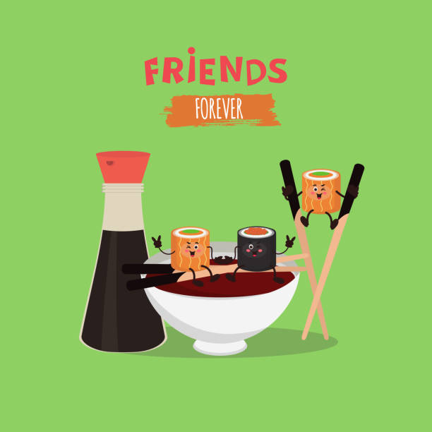 ilustraciones, imágenes clip art, dibujos animados e iconos de stock de personajes lindos kawaii. sushi y salsa de soja. - japanese cuisine soy sauce food bonito