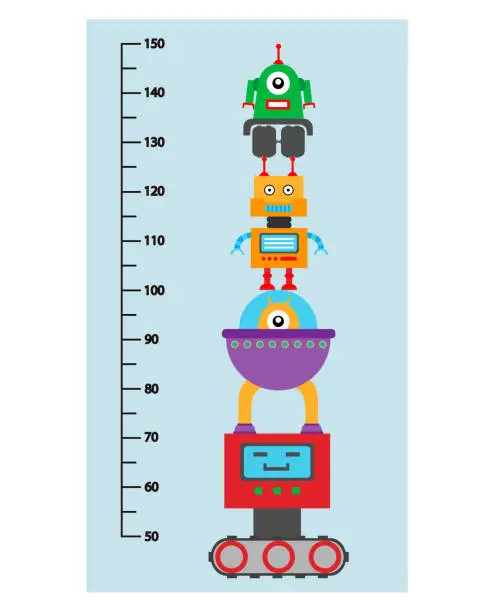 Vector illustration of Funny robots. Wall meter for children.