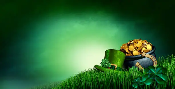 Saint Patrick day background as a green holiday symbol with empty copy space or text area with clover leaves a pot of gold and lucky horseshoe on grass as a 3D illustration.