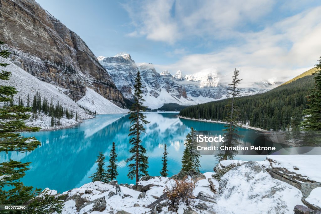 Snow on Moraine Lake Moraine Lake, Banff National Park Alberta Canada Canada Stock Photo