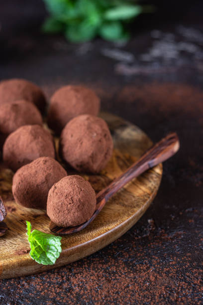 istock Dark chocolate truffles candy with raw cocoa powder and mint, dark brown stone background. 1200773668