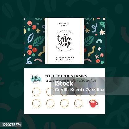 istock Coffee shop loyalty card, discount coupon for collection stamps, buy 9, get one drink for free. Pre-made vector layout, modern design with illustrations and logo, good for cafeteria or cafe 1200775274