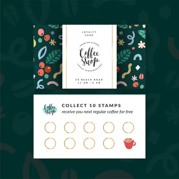 Vector illustration of Coffee shop loyalty card, discount coupon for collection stamps, buy 9, get one drink for free. Pre-made vector layout, modern design with illustrations and logo, good for cafeteria or cafe