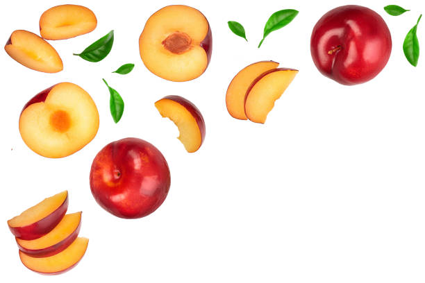 istock fresh red plum and half with leaves isolated on white background with copy space for your text. Top view. Flat lay 1200775401