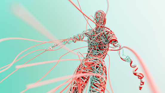 Abstract 3D render of entangled wires forming a human body
