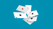 Set of ace playing poker cards with flying and falling arranging