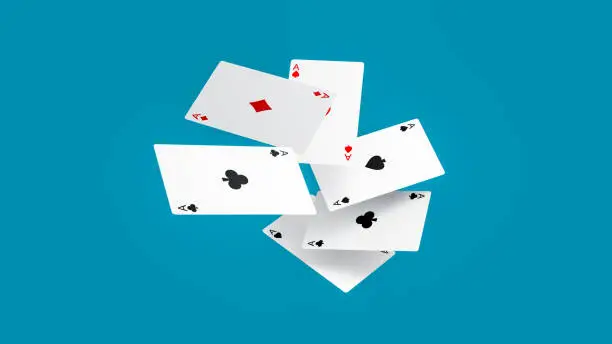 3D Rendering, Realistic set of ace playing poker cards with flying and falling arranging, close-up shot, isolated on blue background.