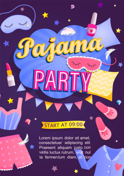 Pajama party's invitation card. Pajama party's invitation card. Night time for kids and parents, nightwear, pillows, fun. Poster or flyer for happy event. Birthday celebration for children in pyjamas.Vector illustration. pyjamas stock illustrations