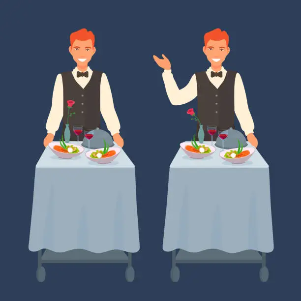 Vector illustration of Room service employee carrying a trolley with fresh dinner. Salmon steak, wine, rose flower, food cover cloche plate.