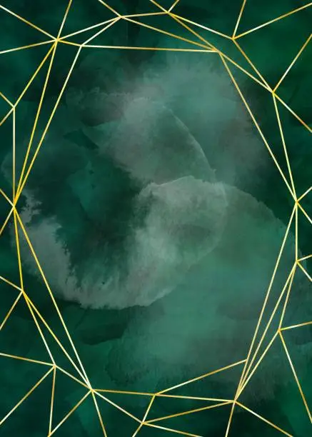 Vector illustration of Watercolor emerald background with gold frames. Border of hues of emerald green paint splashing droplets. Watercolor strokes design element. Emerald green colored hand painted abstract texture.