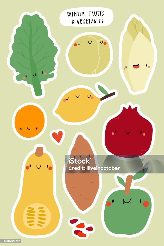 Super Cute Vector Stickers Set Winter Seasonal Fruits And Vegetables Stock  Illustration - Download Image Now - iStock
