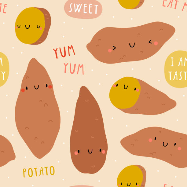 super ładny słodki wektor ziemniaczany bez szwu wzór. - sweet potato stock illustrations