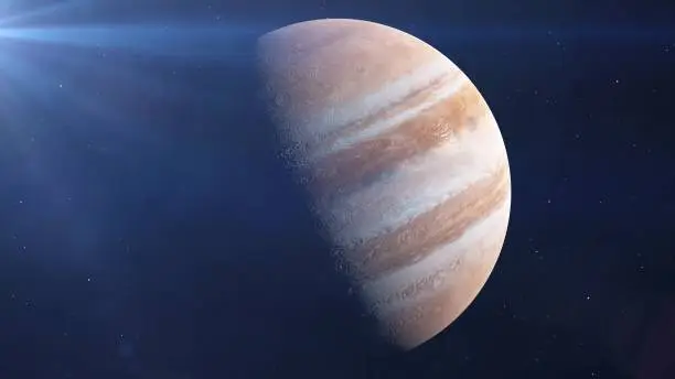 Planet Jupiter in Space drifting away, stars in background. 3d rendering.