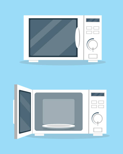 ilustraciones, imágenes clip art, dibujos animados e iconos de stock de hornos microondas con puerta abierta y cerrada en estilo plano. ilustración vectorial de icono de equipo de cocina. - electrical equipment technology electronics household item