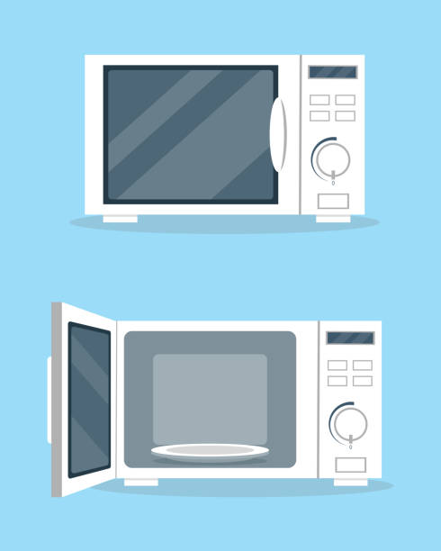 Microwave ovens with open and closed door in flat style. Kitchen equipment icon vector illustration. Microwave ovens with open and closed door in flat style. Kitchen equipment icon vector illustration. inside microwave stock illustrations