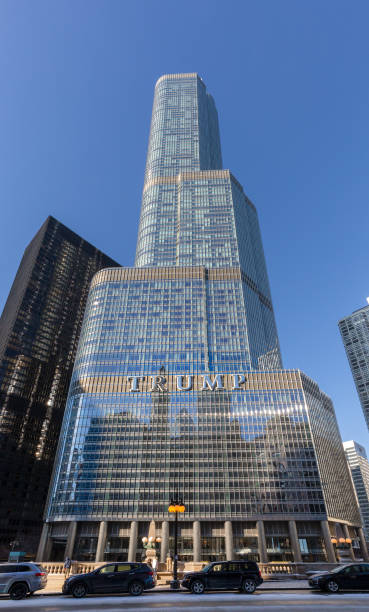 Trump International Hotel and Tower Chicago Chicago, USA - December 30, 2018:  Trump International Hotel and Tower in Chicago.  Named for US real estate developer turned president Donald Trump, the 98-story luxury property includes retail space, a hotel, and condominiums. real estate outdoors vertical usa stock pictures, royalty-free photos & images