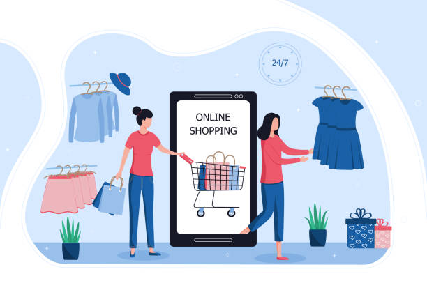 ilustrações de stock, clip art, desenhos animados e ícones de concept online store. young women are shopping on a smartphone. the acquisition of the necessary goods and services without leaving home. flat vector illustration isolated on white background. - ipad shopping gift retail