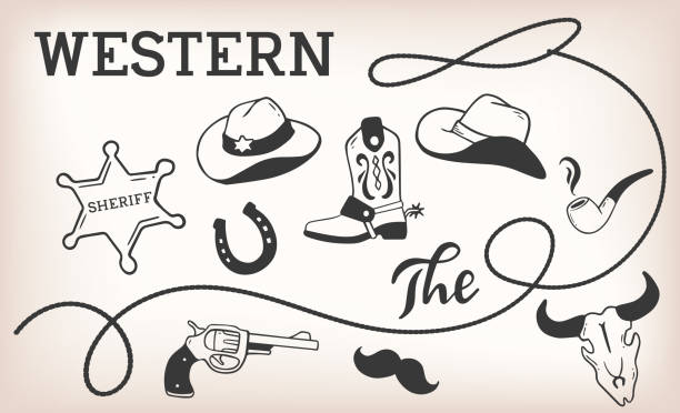 illustrations, cliparts, dessins animés et icônes de illustration occidentale de cru de vecteur avec l'ensemble de l'accessoire sauvage d'ouest sur le fond brun de couleur. - crane shot