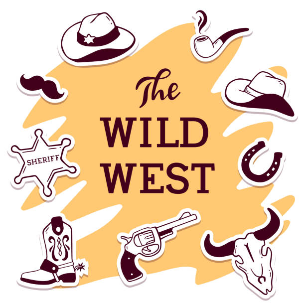 illustrazioni stock, clip art, cartoni animati e icone di tendenza di illustrazione western vintage vettoriale con intestazione del selvaggio west e set di accessori su sfondo a colori. - horseshoe cowboy fire cowboy hat