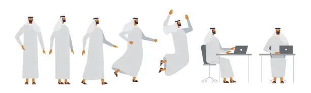 Vector illustration of Muslim male character in different poses