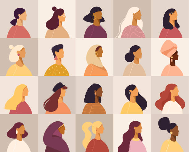 Collection of profile portraits or heads of female cartoon characters. Various nationality. Blonde, brunette, redhead, african american, asian, muslim, european. Set of avatars. Vector, flat design profile view illustrations stock illustrations