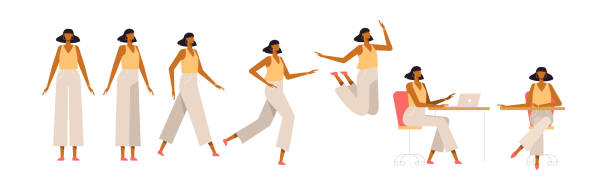 Fashionable woman in different poses. Female character for your design project, animation. Vector trendy illustration, flat style. White background, isolated. Girl walk, stand, run, jump, sit beautiful woman walking stock illustrations