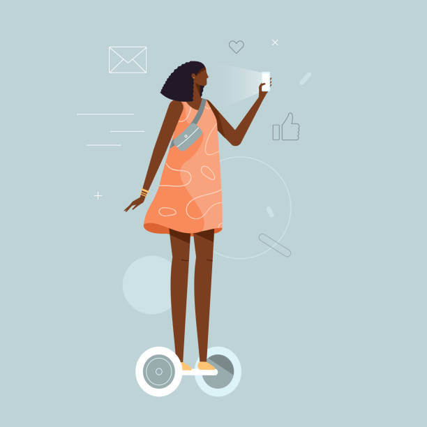 stockillustraties, clipart, cartoons en iconen met jong mooi afrikaans amerikaans meisje berijdt een gyroscooter en bekijkt telefoon. - zelfbalancerend board