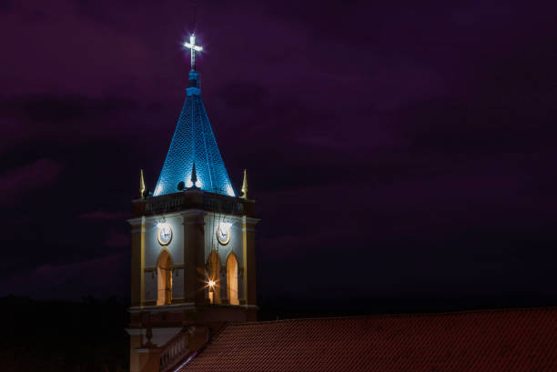Night view of the Igreja Matriz do Divino Espírito Santo, Guarani, Minas Gerais state, Brazil