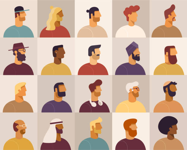 Collection of profile portraits or heads of male cartoon characters. Various nationality. Blond, brunet, redhead, african american, asian, muslim, european. Set of avatars. Vector, flat design black men with blonde hair stock illustrations
