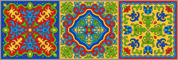 ilustrações, clipart, desenhos animados e ícones de conjunto de mosaicos coloridos brilhantes com ornamentos geométricos e florais desenhados à mão no estilo cerâmico talavera majolica. decoração do papel de parede, cópia do batik da arte pop, pintura mediterrânea de sicilia - mosaic glass tile modern art