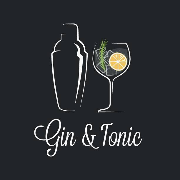 ilustraciones, imágenes clip art, dibujos animados e iconos de stock de diseño de cóctel gin tonic. shaker con vaso de gin tonic sobre fondo negro - silhouette vodka bottle glass