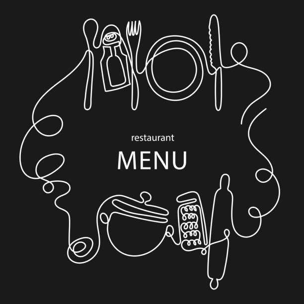 餐廳功能表的一行繪製概念。刀、叉、板、鍋、勺子、夾子、鋼包、滾針的連續線藝術 - rolling fork 幅插畫檔、美工圖案、卡通及圖標