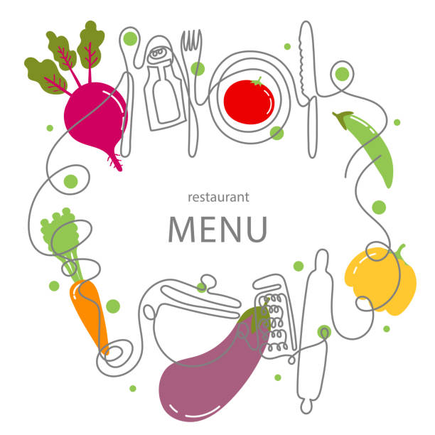 koncepcja rysowania jednej linii dla menu restauracji. ciągła sztuka liniowa noża, widelca, talerza, patelni, łyżki, tarki, kadzi, wałka - spoon vegetable fork plate stock illustrations
