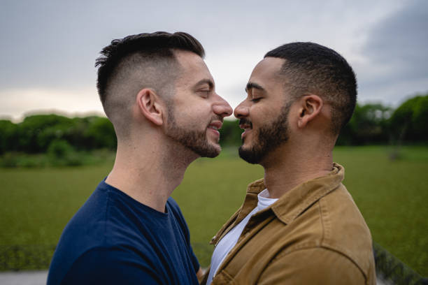 istock Romantic homosexual couple leaning for a kiss 1200799146