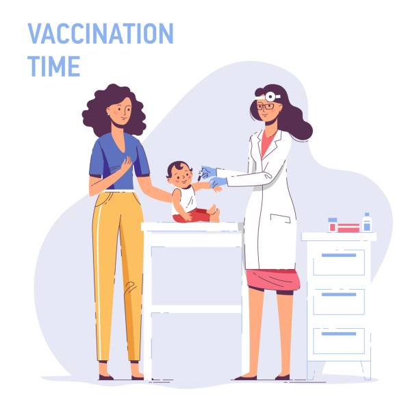 면역 건강을 위한 가족 예방 접종 개념. - vaccination injecting child flu virus stock illustrations