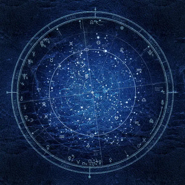 Photo of Astrological Celestial Map of The Northern Hemisphere. The General Global Universal Horoscope on January 1, 2020 (00:00 GMT). Detailed Night Sky Chart, Ultraviolet Blueprint (grunge vintage remake).