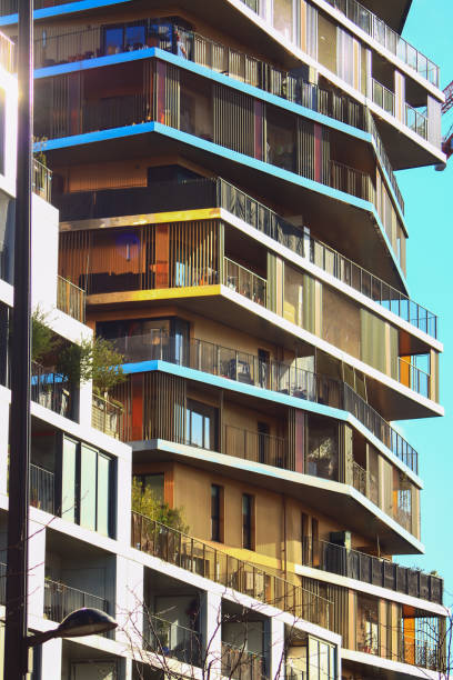 18 January. 2020. New homes and offices in the Bercy district. Contemporary and colorful architecture. Retro and abstract style. Geometric windows.
