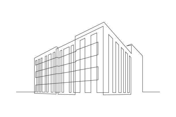Apartment building Multi- storey apartment building, office center or industrial building in continuous line art drawing style. Black linear sketch isolated on white background. Vector illustration continuous line drawing stock illustrations