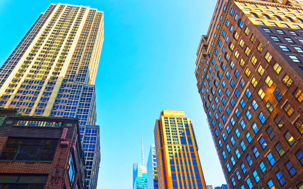 istock Bottomup view of Manhattan Skyline with Skyscrapers reflex 1200805351