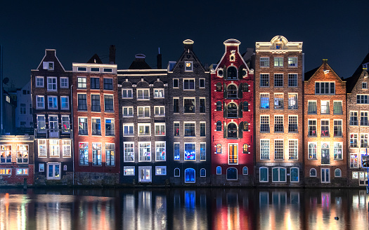 Typical Amsterdam houses with reflection in the water
