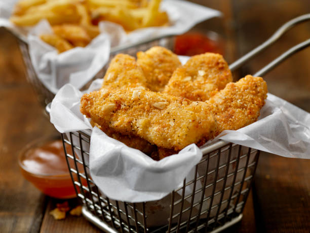 Vegan, Meatless-Plant Based Protein Chicken Strips with a Seven Grain Coating and Fries