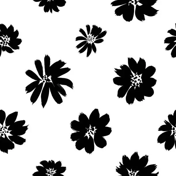 Vector illustration of Ink drawing flowers hand drawn seamless pattern. Black and white ink brush vector texture. Grunge dry brushstroke drawing.