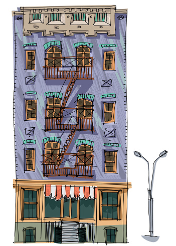 A traditional american urban facade of residential house with fire ladders. Cartoon. Caricature. New York city old facade.