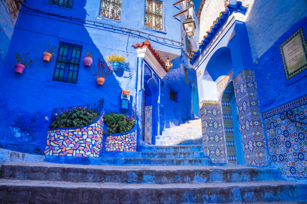 Chefchaouen, a city with blue painted houses and narrow, beautiful, blue streets, Morocco, Africa Chefchaouen, a city with blue painted houses and narrow, beautiful, blue streets, Morocco, Africa chefchaouen photos stock pictures, royalty-free photos & images