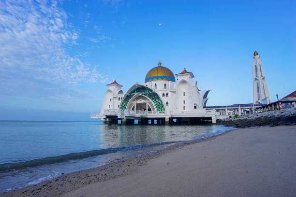 Majestic view of Malacca Straits Mosque during blue hour