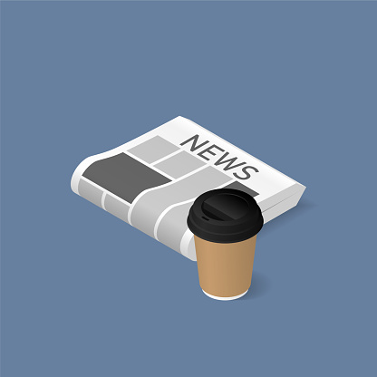 Morning newspaper with coffee cup isometric illustration. Vector blank newspaper